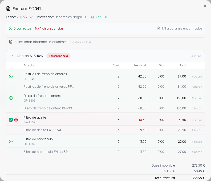 Conciliación de la factura contra los albaranes en app.motryx.ai
