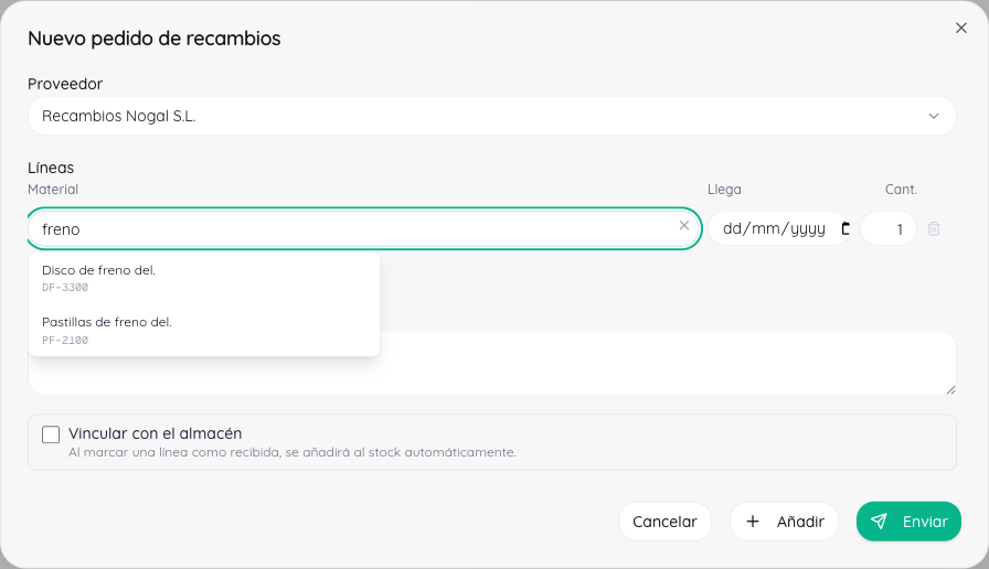 Pedido desde la orden de trabajo en app.motryx.ai